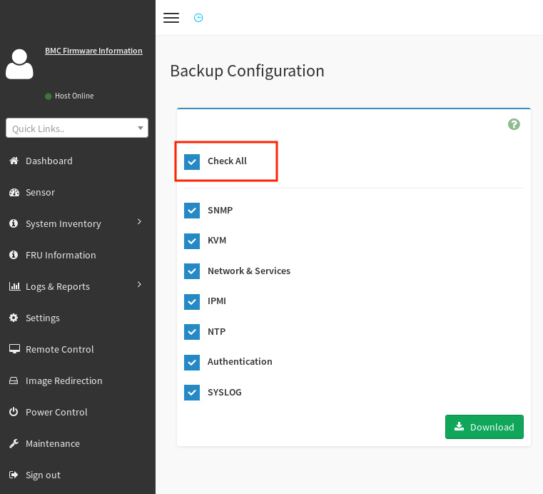 Backup Configuration screen