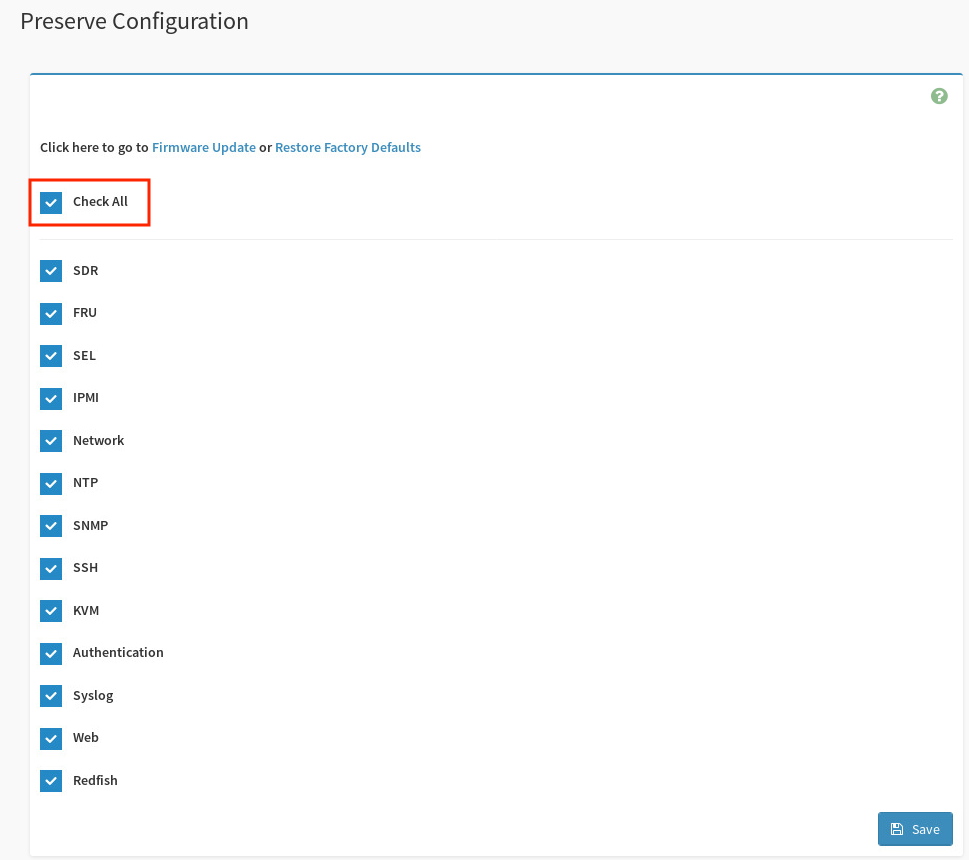 Preserve Configuration screen