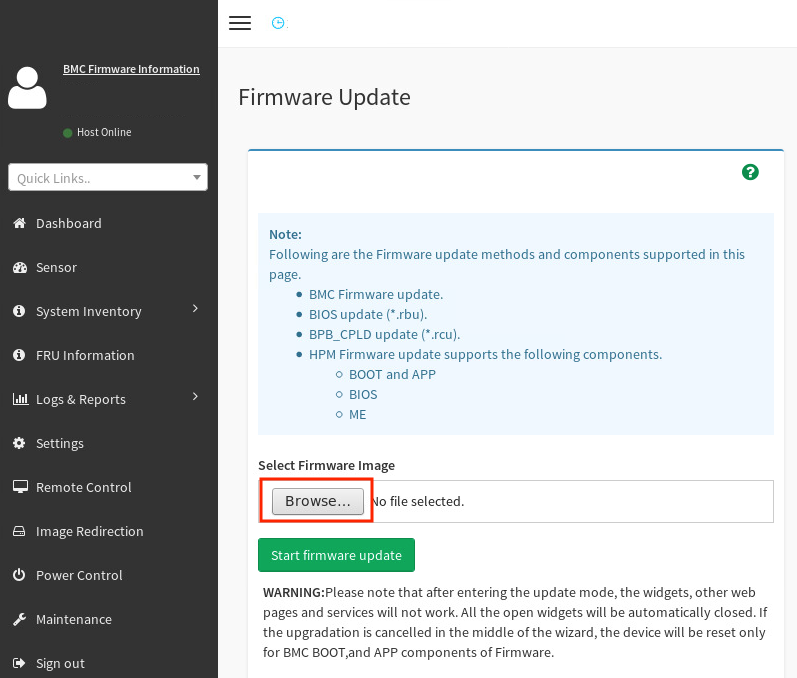 Firmware Update screen