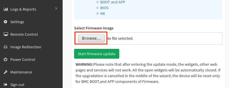 Firmware Update screen